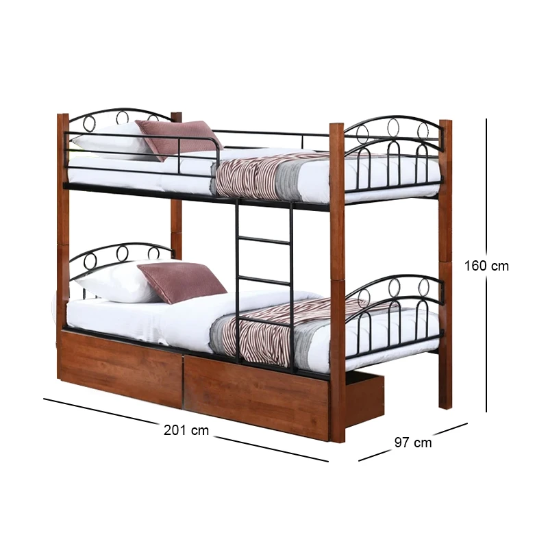 NORTON Double Deck Bed - 2 Drawers 90x190 Metal Black/Wood Walnut