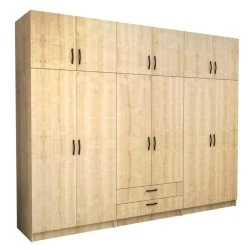 Victoria Megapap six doors melamine wardrobe with cabinet in oak color 300x60x240cm. Victoria Megapap six doors melamine wardrobe with cabinet in oak color 300x60x240cm.