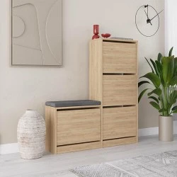Dude Megapap melamine bench - shoe rack in oak color 104,8x26x118,5cm. Dude Megapap melamine bench - shoe rack in oak color 104,8x26x118,5cm.