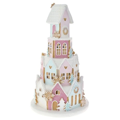 XMAS MULTICOLOR RESIN GINGERBREAD HOUSE WITH LED LIGHT 25X25X41CM