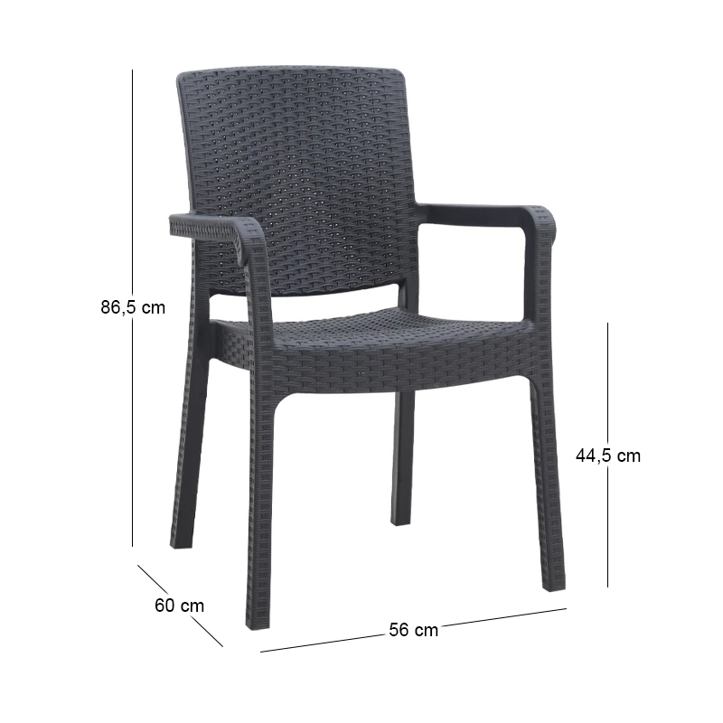Polypropylene armchair with rattan  in grey color 56x60x86,5cm.