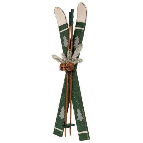 GREEN WOODEN ANTIQUE SKIS AND POLES 25X9X75CM