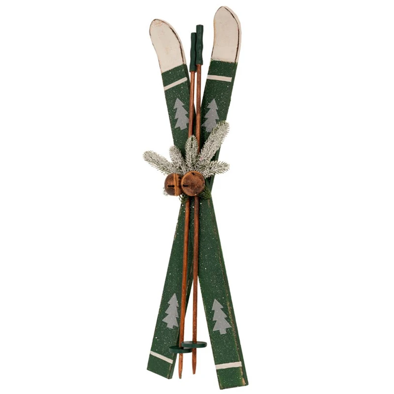 GREEN WOODEN ANTIQUE SKIS AND POLES 25X9X75CM