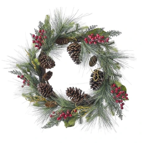 XMAS GREEN WREATH 50CM W RED BERRIESANDPINECONES