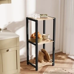 Nightstand - Floor shelf wooden - plastic color natural - black 37x29x79cm. Nightstand - Floor shelf wooden - plastic color natural - black 37x29x79cm.