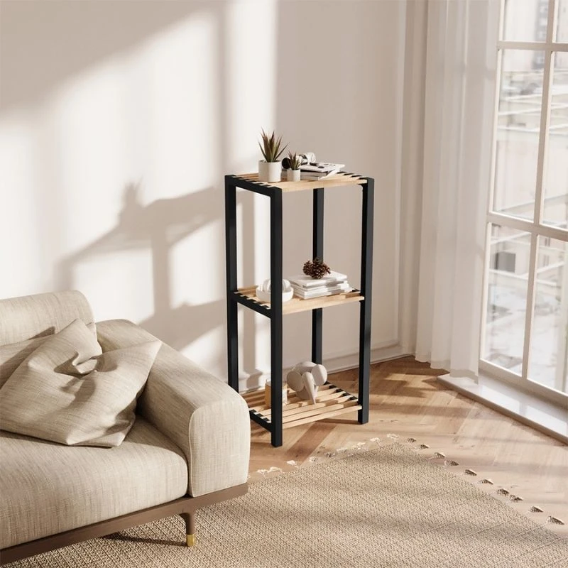 Ραφιέρα δαπέδου - Κομοδίνο ξύλινο - πλαστικό χρώμα φυσικό - μαύρο 37x29x79εκ.