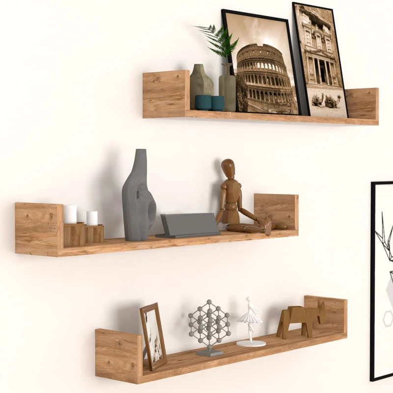 Tyrion Megapap 3 pieces melamine wall shelves in pine oak color 90x15x12cm.