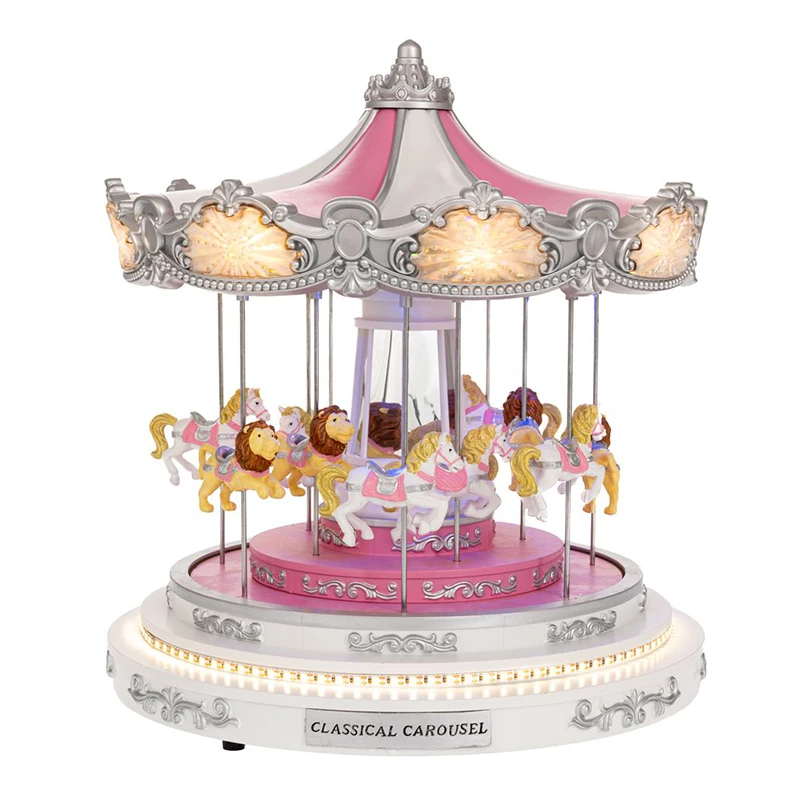 XMAS PINK RESIN CAROUSEL WITH LED LIGHTS, MOVEMENT INCLUDING  ADAPTOR 30X30X36CM