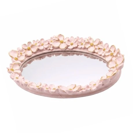 WHITE RESIN EMBOSSED FLOWERS AND MIRROR TRAY 27x19x3,5CM