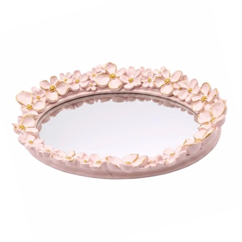 WHITE RESIN EMBOSSED FLOWERS AND MIRROR TRAY 27x19x3,5CM