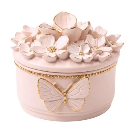 WHITE RESIN EMBOSSED FLOWERS TRINKET BOX D9X7CM