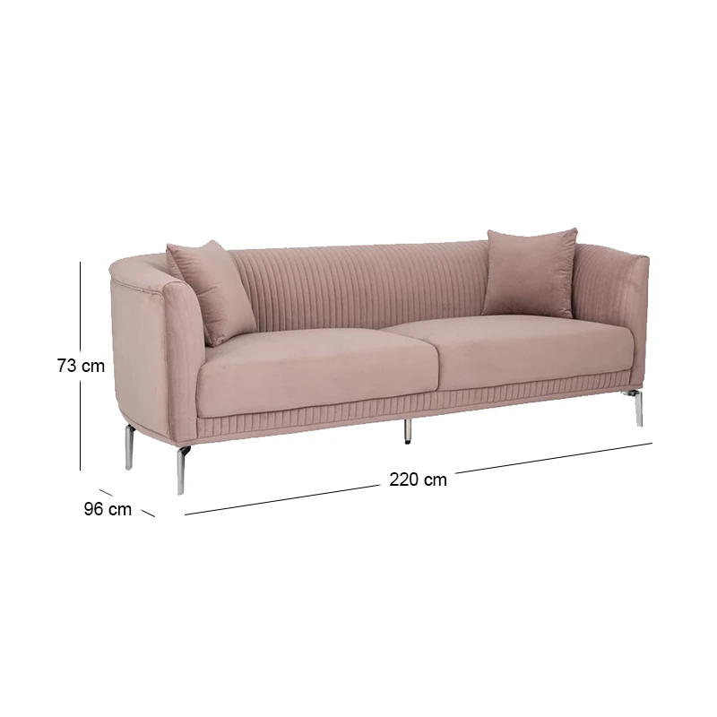 DUSTY PINK THREE-SEATER SOFA 220X96X73CM W SILVER METAL LEGS KD