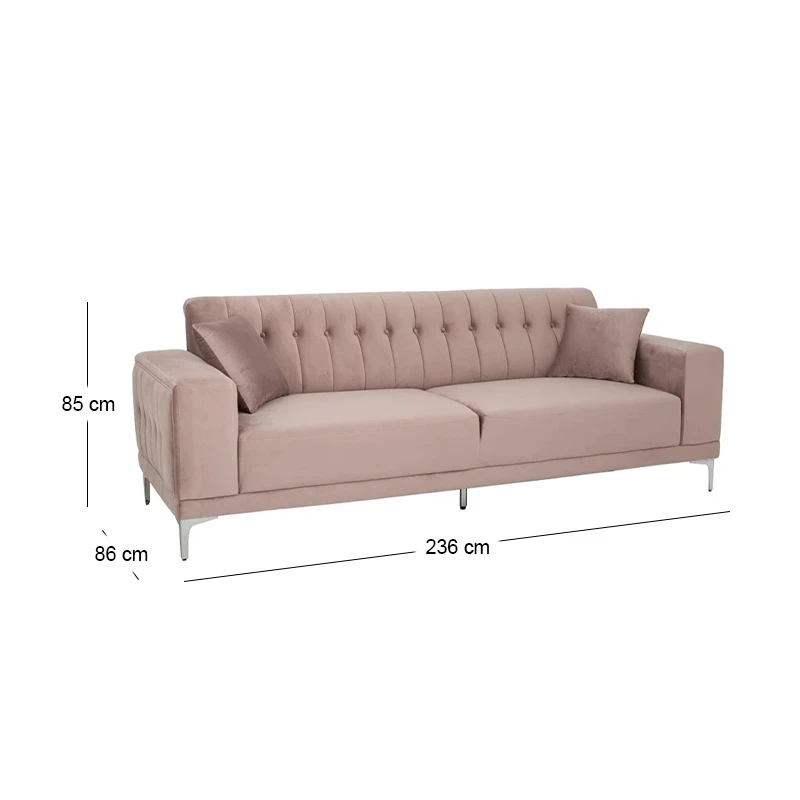 DUSTY PINK THREE-SEATER SOFA 236X86X85CM W SILVER METAL LEGS KD