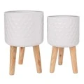 SET 2 WHITE METAL FLOWER POT WITH WOODEN LEGS 28X43 25X41CM