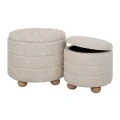 SET 2 CREAM FABRIC STOOL WITH STORAGE SPACE AND WOODEN LEGS 48X48X40  37X37X34CM
