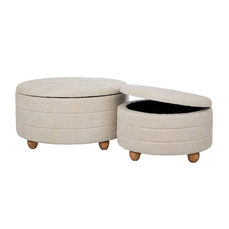 SET 2 CREAM FABRIC STOOL WITH STORAGE SPACE AND WOODEN BASE 83X83X42  63X63X35CM
