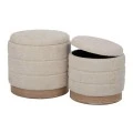 SET 2 CREAM FABRIC STOOL WITH STORAGE SPACE AND WOODEN BASE 42X40X40  35X35X34CM