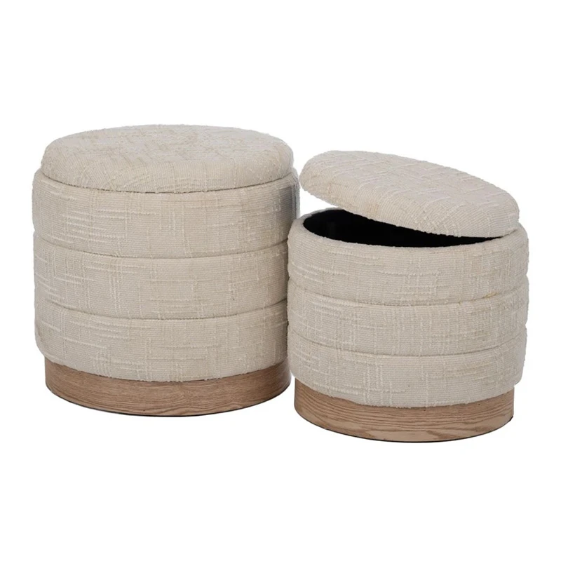 SET 2 CREAM FABRIC STOOL WITH STORAGE SPACE AND WOODEN BASE 42X40X40  35X35X34CM
