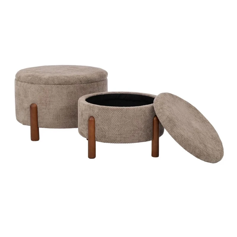 SET 2 ELEPHANT CIRCLE STOOL ON WOODEN LEGS AND INSIDE STORAGE D56X35CM D45X30CM