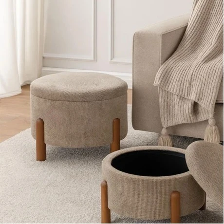 SET 2 ELEPHANT CIRCLE STOOL ON WOODEN LEGS AND INSIDE STORAGE D56X35CM D45X30CM