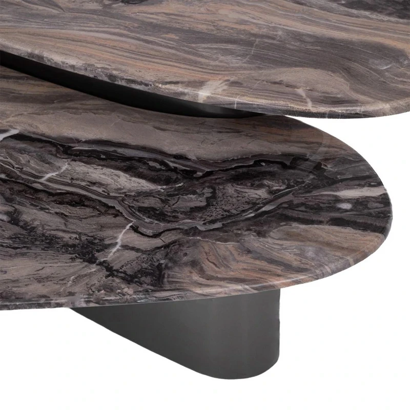 SET 2 GREY METAL TABLES WITH GREY BROWN MARBLE SURFACE 144X75X47CM