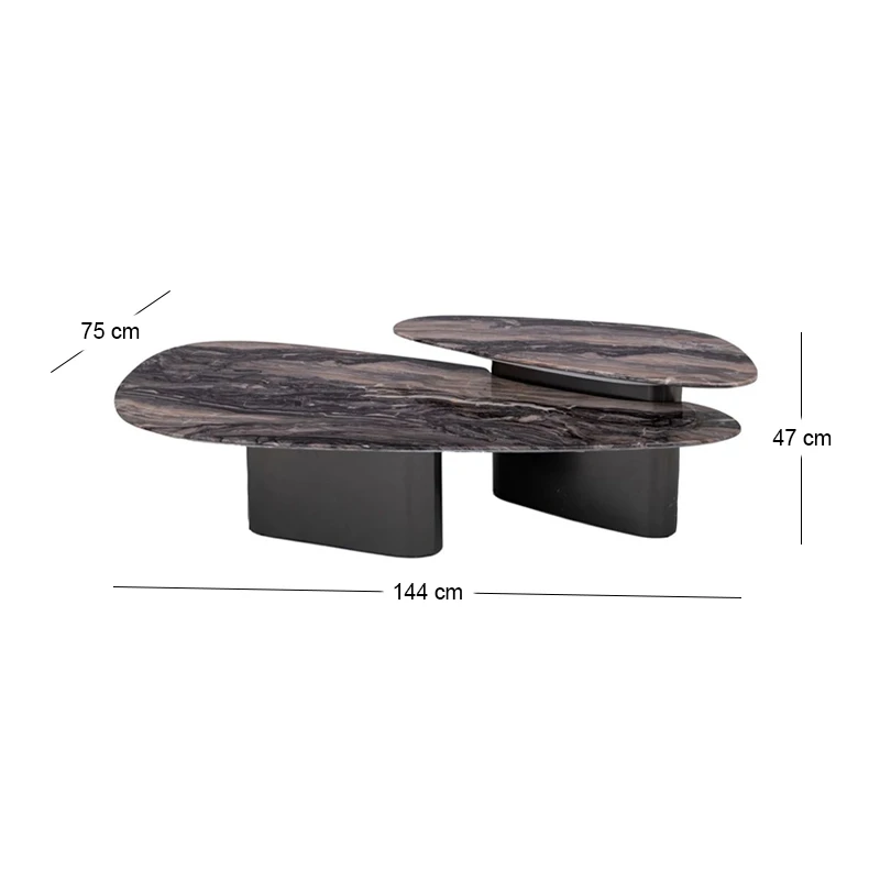 SET 2 GREY METAL TABLES WITH GREY BROWN MARBLE SURFACE 144X75X47CM