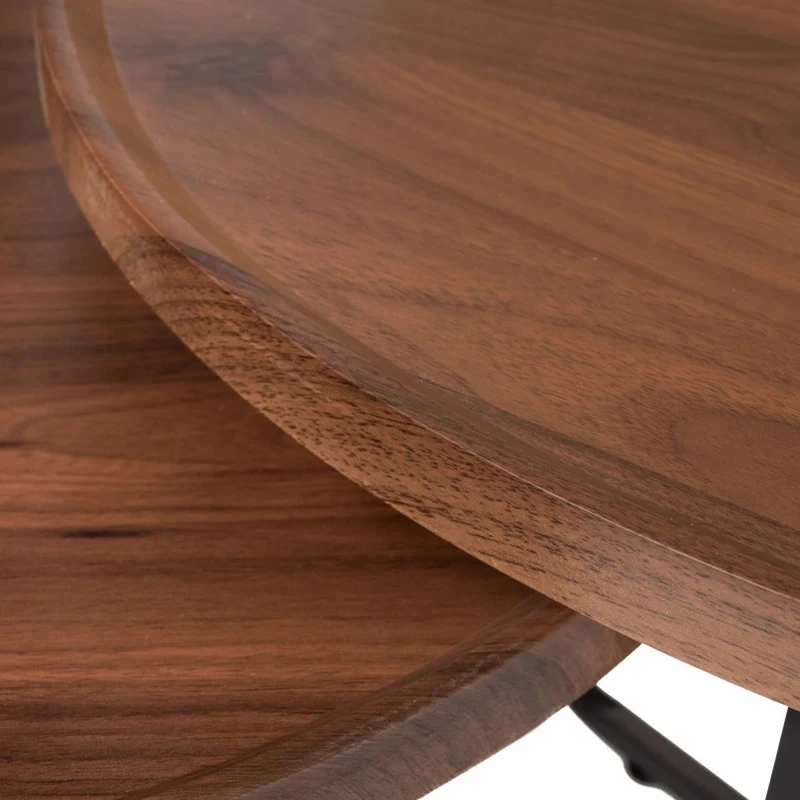 SET 2 BROWN CIRCLE TABLES MDF ON BLACK METAL LEGS D60X39CM