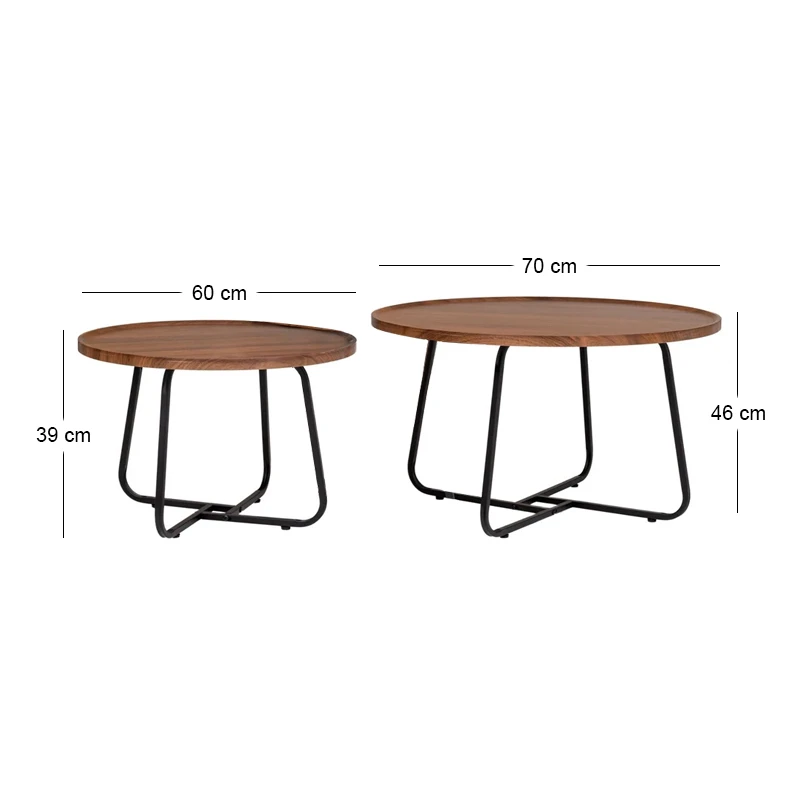 SET 2 BROWN CIRCLE TABLES MDF ON BLACK METAL LEGS D60X39CM
