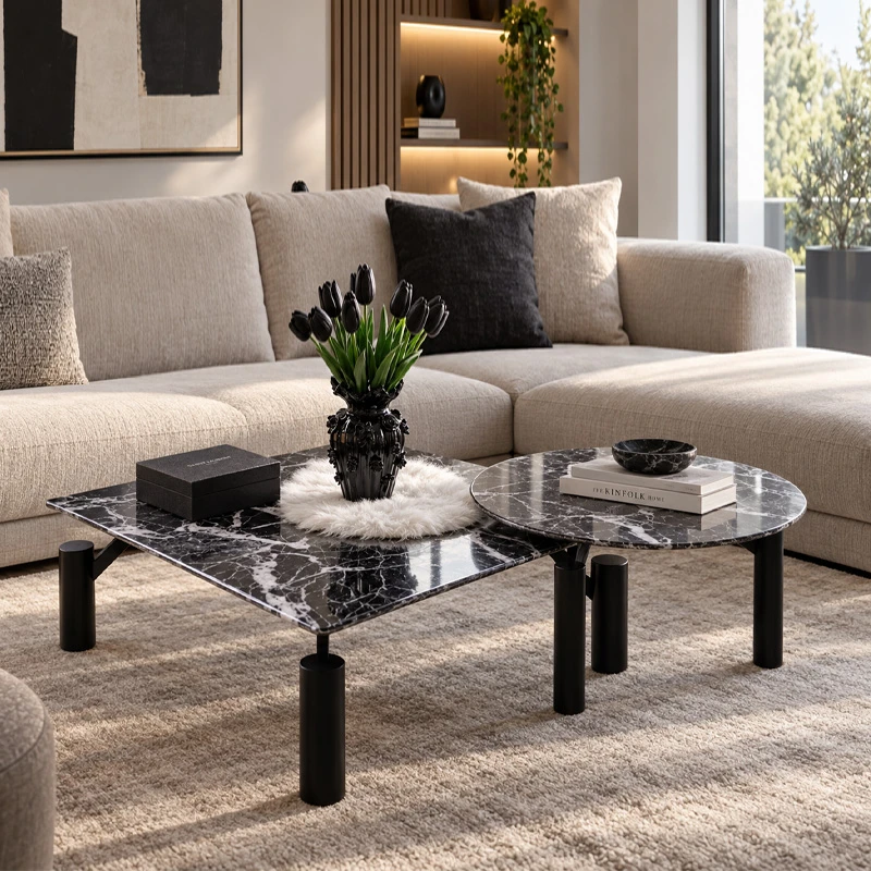SET 2 BLACK METAL TABLES WITH BLACK MARBLE SURFACE 90X90X35CM D60X42CM