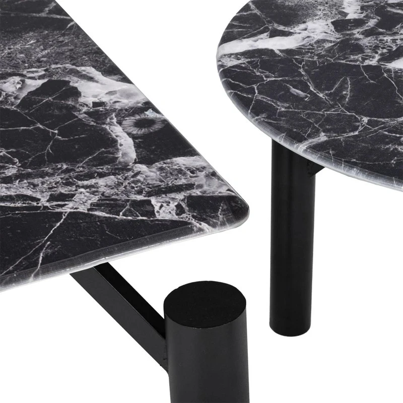 SET 2 BLACK METAL TABLES WITH BLACK MARBLE SURFACE 90X90X35CM D60X42CM