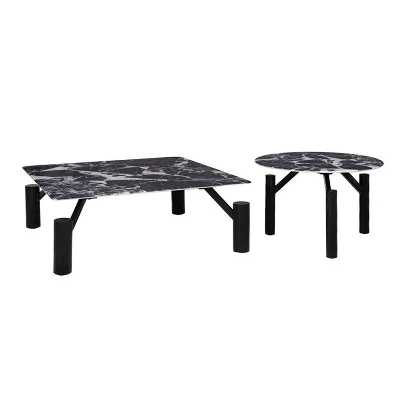 SET 2 BLACK METAL TABLES WITH BLACK MARBLE SURFACE 90X90X35CM D60X42CM