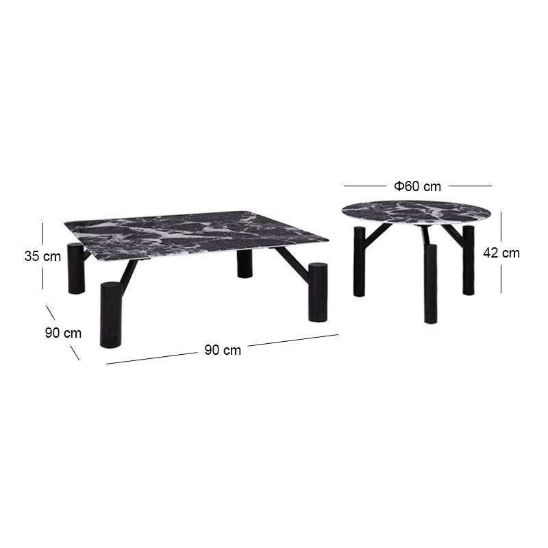 SET 2 BLACK METAL TABLES WITH BLACK MARBLE SURFACE 90X90X35CM D60X42CM