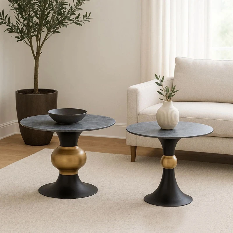 SET 2 BLACK GOLD METAL TABLES WITH BLACK AND WHITE CERAMIC SURFACE (MARBLE EFFECT) D80X47 D60X56