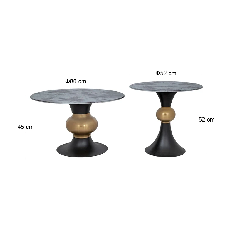 SET 2 BLACK GOLD METAL TABLES WITH BLACK AND WHITE CERAMIC SURFACE (MARBLE EFFECT) D80X47 D60X56