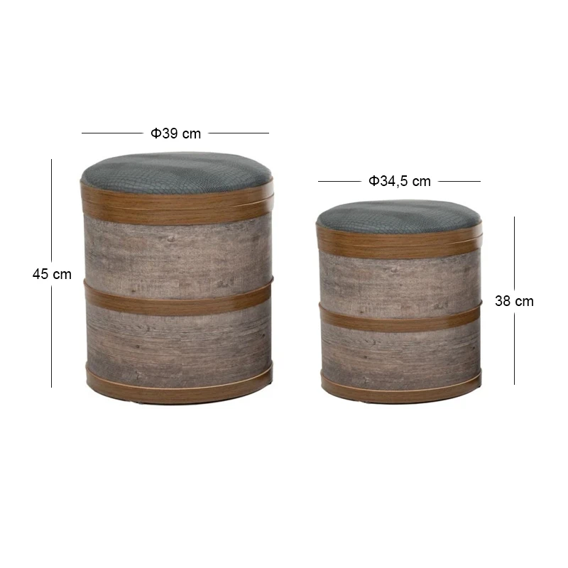 SET 2 WOODEN BROWN STOOL WITH GREY LEATHER SEAT 39x45 34x38CM