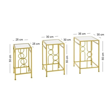 SΕΤ 3 GOLD METAL SIDE TABLE WΙΤΗ MIRROR TOP 35Χ60 30Χ55 25Χ50CM