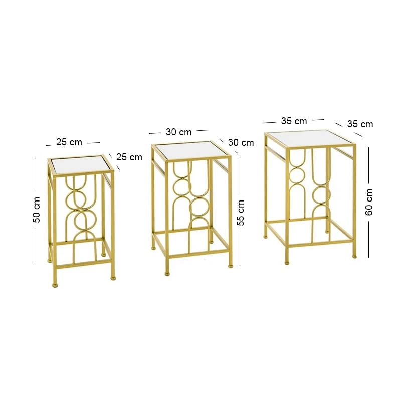 SΕΤ 3 GOLD METAL SIDE TABLE WΙΤΗ MIRROR TOP 35Χ60 30Χ55 25Χ50CM
