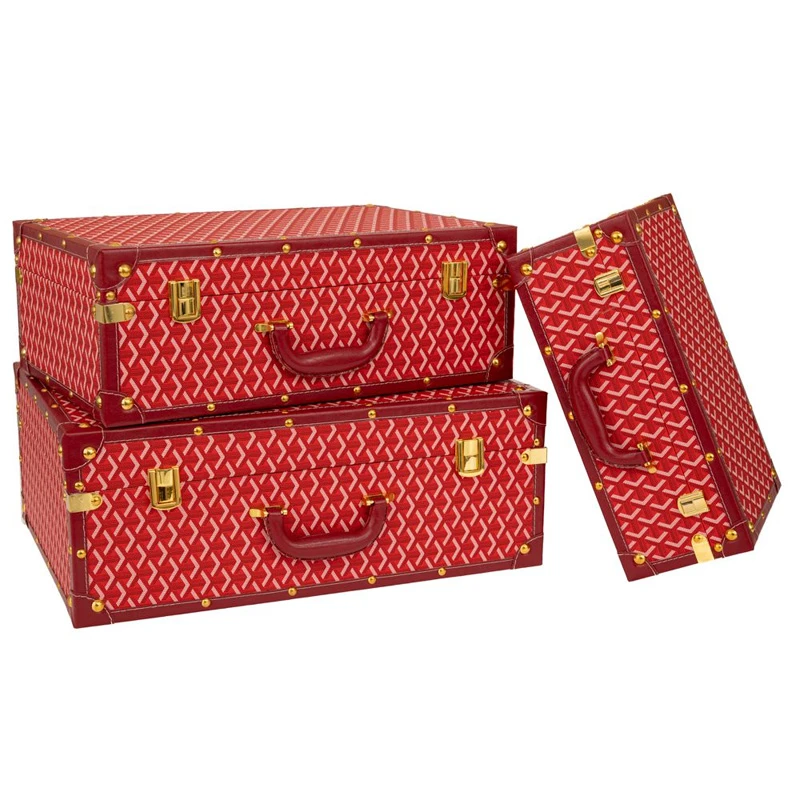 SET 3 RED CHECKERED LUGGAGE WITH GOLD DETAILS 53Χ38Χ20CM 48Χ32Χ17CM 38Χ25Χ14CM