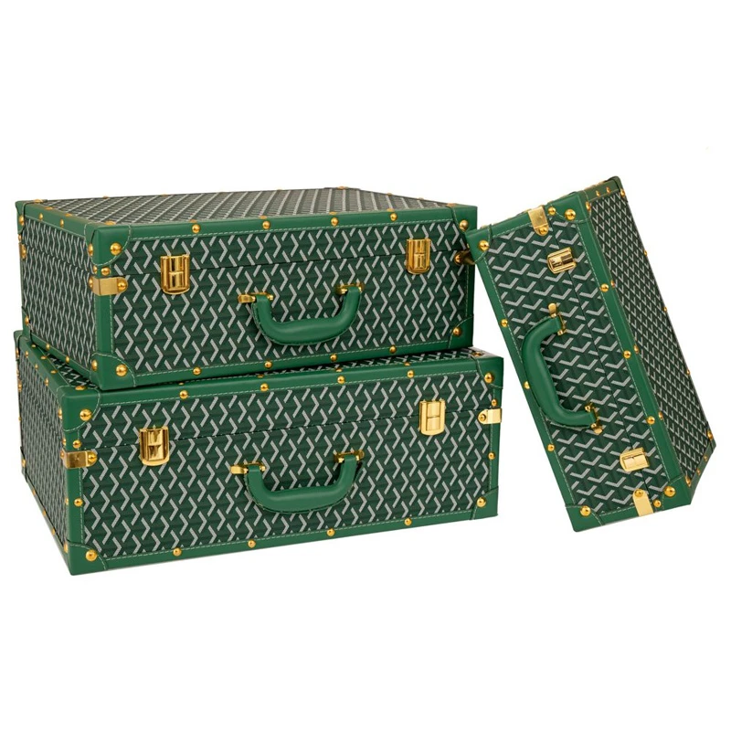 SET 3 GREEN CHECKERED LUGGAGE WITH GOLD DETAILS 53Χ38Χ20CM 48Χ32Χ17CM 38Χ25Χ14CM