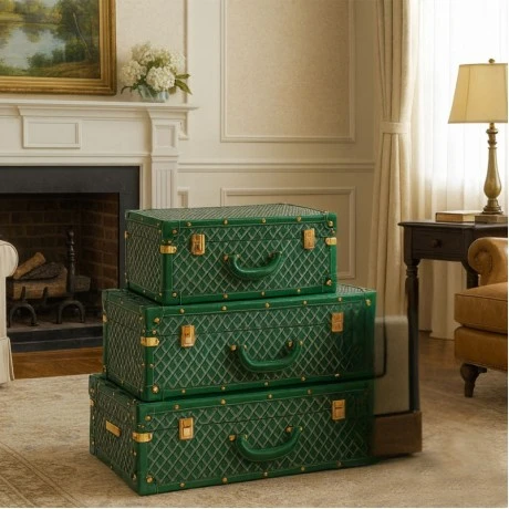 SET 3 GREEN CHECKERED LUGGAGE WITH GOLD DETAILS 53Χ38Χ20CM 48Χ32Χ17CM 38Χ25Χ14CM