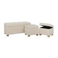 SET 3 CREAM FABRIC STOOL WITH STORAGE SPACE AND WOODEN LEGS 93X42X41  40X34X34  40X34X34CM