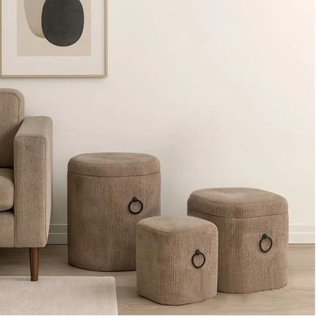 SET 3 ELEPHANT FABRIC SQUARE STORAGE STOOL WITH BLACK METAL HANDLES 38X38X43CM 33X33X33CM 27X27X27CM