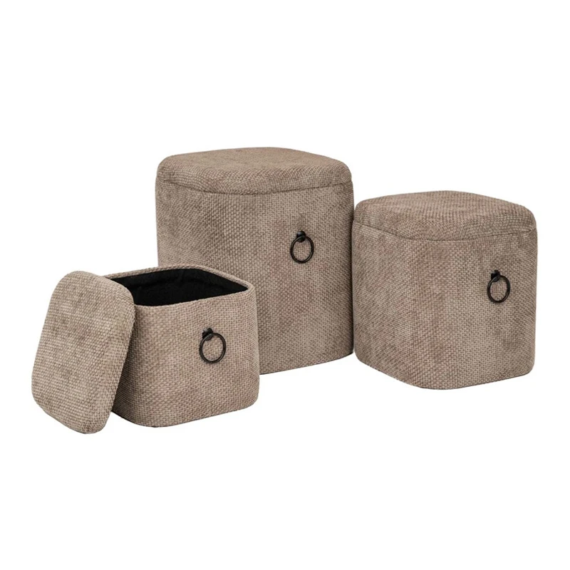 SET 3 ELEPHANT FABRIC SQUARE STORAGE STOOL WITH BLACK METAL HANDLES 38X38X43CM 33X33X33CM 27X27X27CM
