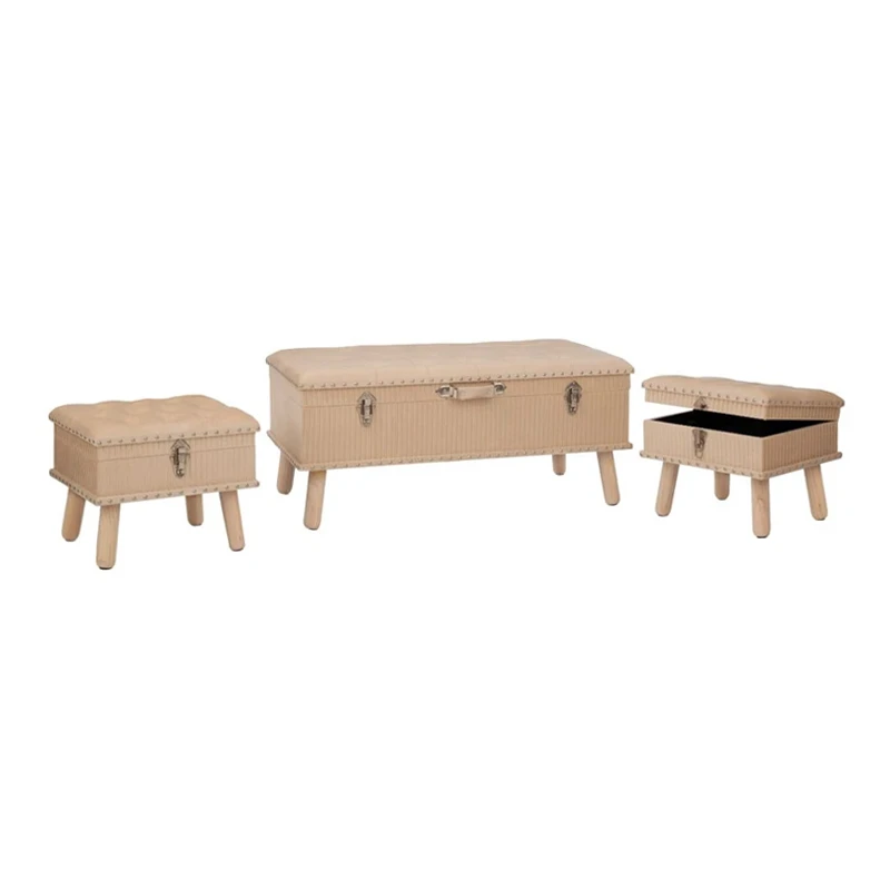 SET 3 CRΘME CAPITONE STOOL CHEST WITH SILVER DETAILS 90X44X40CM 40X32X32CM (X2)