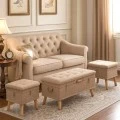 SET 3 CRΘME CAPITONE STOOL CHEST WITH SILVER DETAILS 90X44X40CM 40X32X32CM (X2)