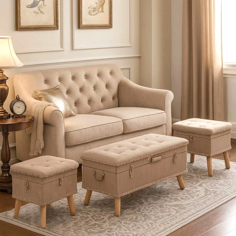 SET 3 CRΘME CAPITONE STOOL CHEST WITH SILVER DETAILS 90X44X40CM 40X32X32CM (X2)
