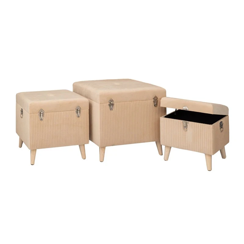 SET 3 CRΘME FOLDING STOOL CHEST WITH SILVER DETAILS 60X60X56CM 50X50X36CM 40X40X29CM