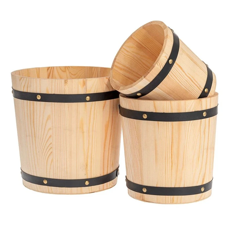 SET 3 WOODEN BUCKET IN NATURAL COLOR WITH BLACK METAL DETAIL D16Χ24  D20Χ20,5  D24Χ16CM