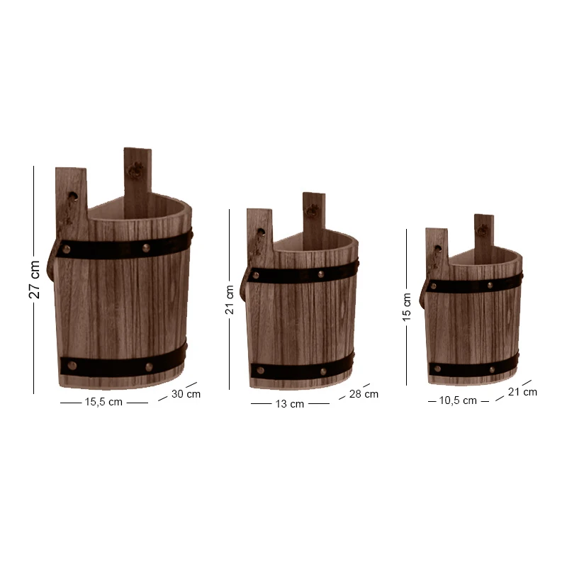 SET 3 SEMICIRCLE WOODEN BROWN PLANTER BUCKETS D30,5Χ15,5Χ27  D28Χ13Χ21  D21Χ10,5Χ17CM