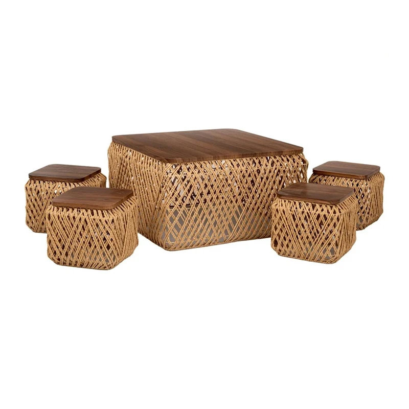 SET 5 NATURAL ROPE TABLE WITH 4 STOLLS